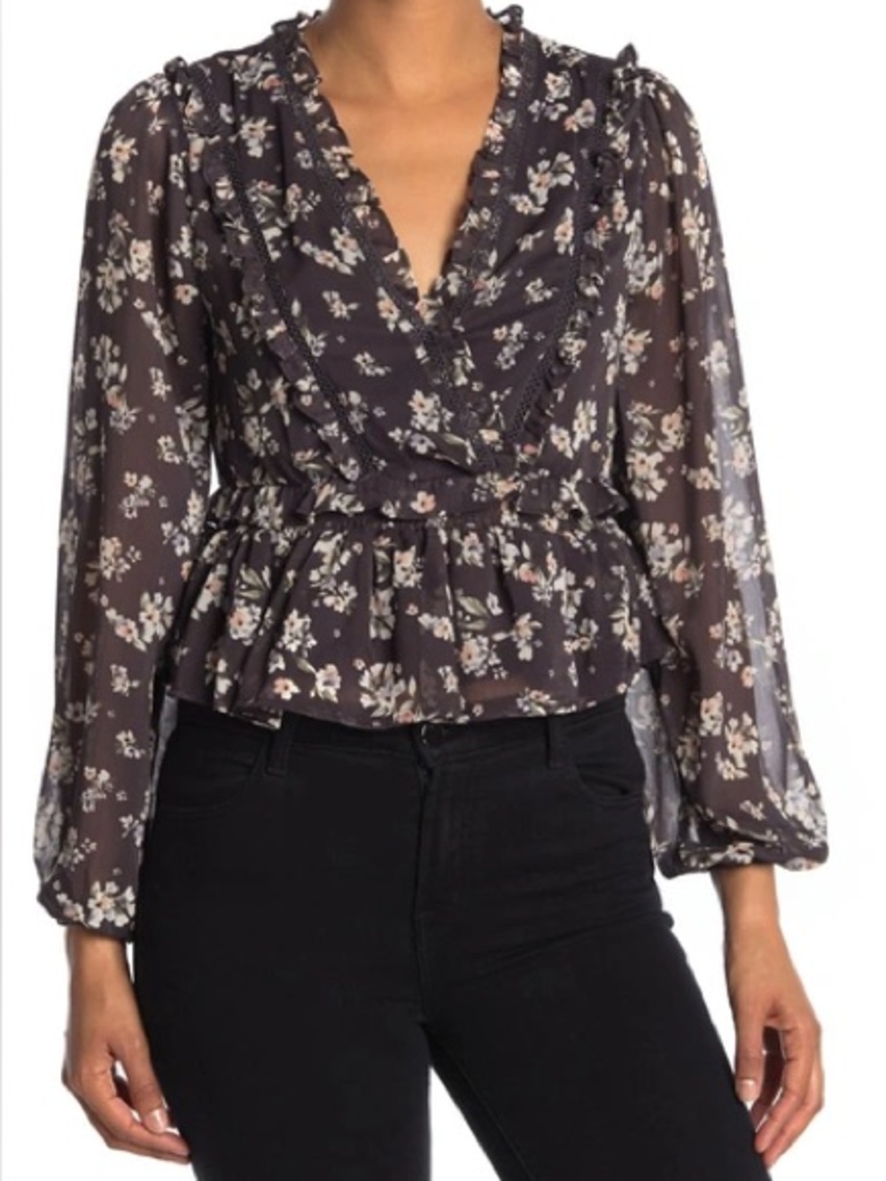 ASTR Grey Floral Faux Wrap Ruffle V-Neck Blouse